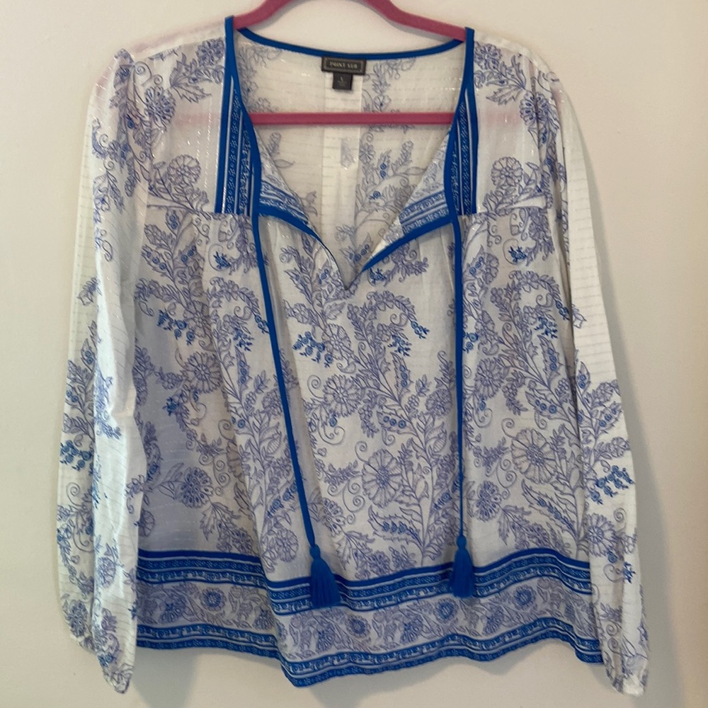 White Top with Blue Flower Details